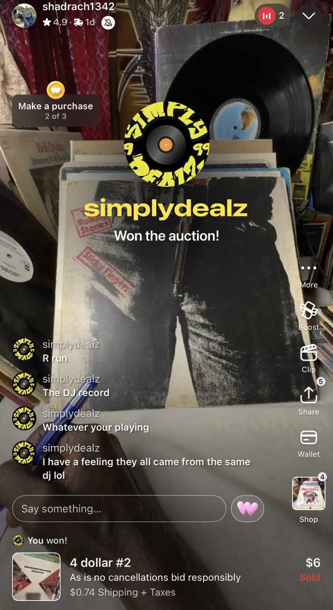 SimplyDealz buying records in another seller's Whatnot room