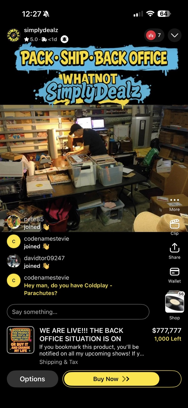 The SimplyDealz packing room during a live Whatnot broadcast