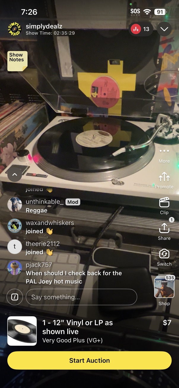 Turntable playing during a SimplyDealz live show